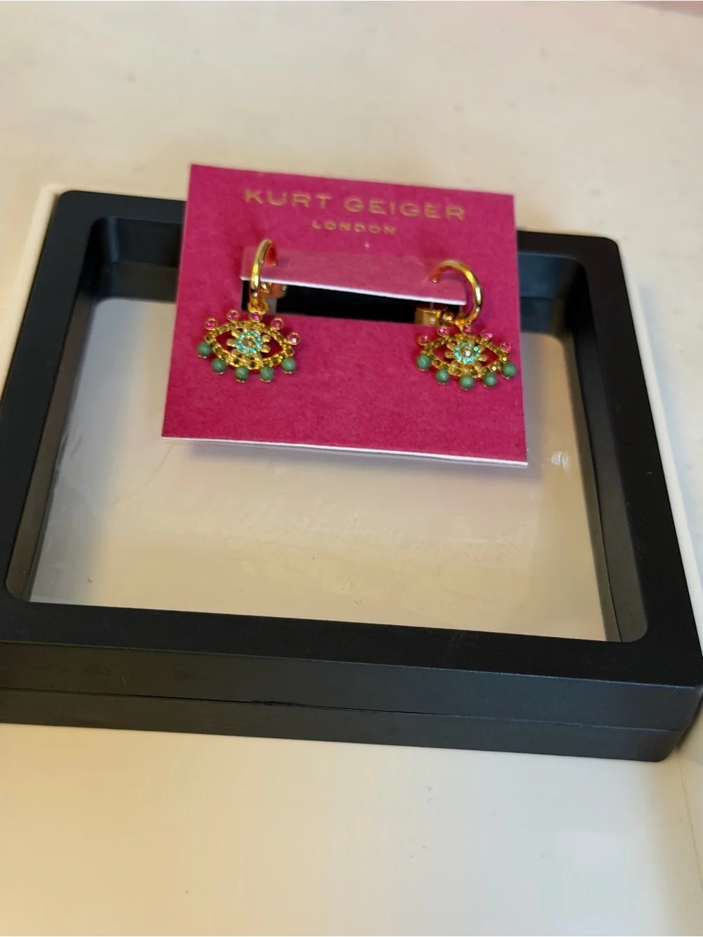 Kurt Geiger NWT evil eye 🧿 Gold-Tone Hoop Earrings with Pink and Green Charms